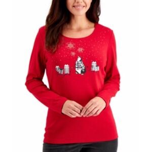 Karen Scott Festive Holiday Penguin Print Top women’s size medium